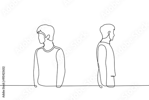 two men standing separately with their backs to each other - one line art vector. concept male strangers, male friends in a quarrel