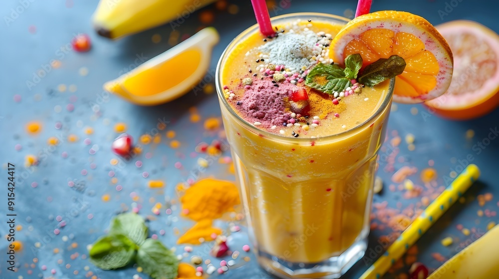 Vibrant Breakfast Smoothie with Colorful Powdered Supplements Vibrant Breakfast Smoothie with Colorful Powdered Supplements
