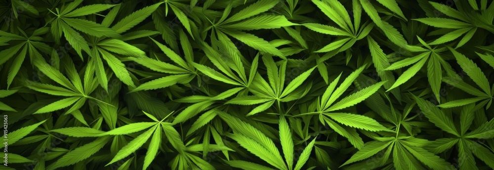 Fototapeta premium Vibrant Green Hemp Leaves Creating a Lush, Verdant Background, Ideal for Themes of Nature, Wellness, and Cannabis Culture.