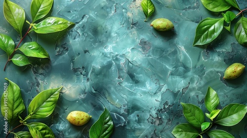 Green leaves and fruits arranged on a textured blue surface during daylight