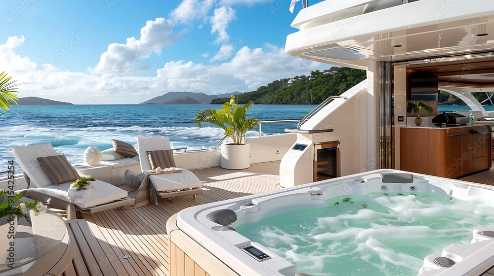 Sunny aft deck of large private motor yacht featuring a hot tub spa deck chairs and a barbecue grill in a tropical location adding to the concept of living the good life Sunny aft deck of large private motor yacht featuring a hot tub spa deck chairs and a barbecue grill in a tropical location adding to the concept of living the good life