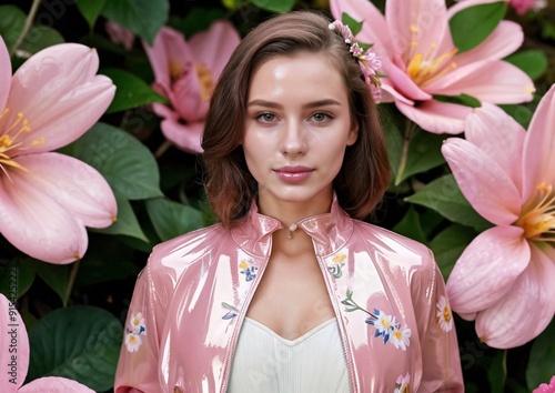 Beautiful woman in a pink latex jacket against a background of flowers