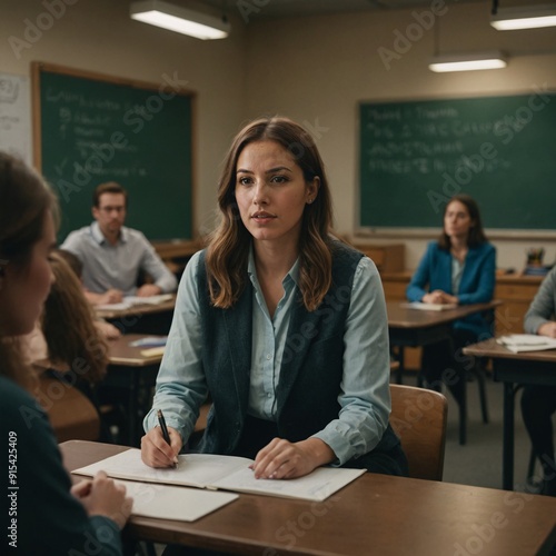 female teacher sits in a classroom