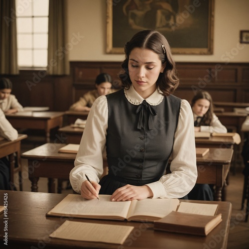 female teacher sits at her desk