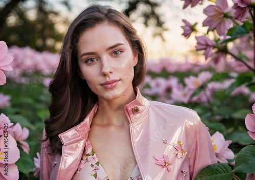 Beautiful woman in a pink latex jacket against a background of flowers