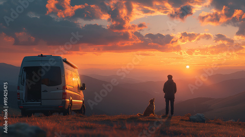 A person and their dog enjoy a serene sunset beside a camper van on a mountain overlook.