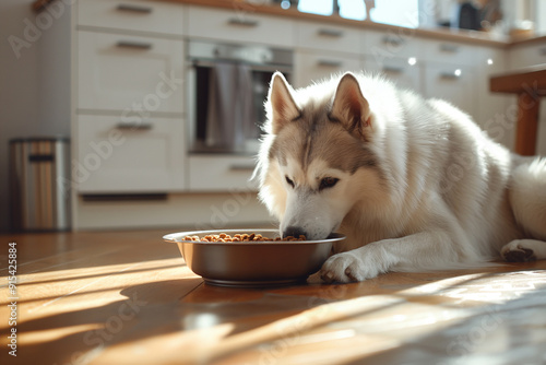 A Siberian Husky dog is attentively eating from a bowl in the sunlit, contemporary kitchen setting.