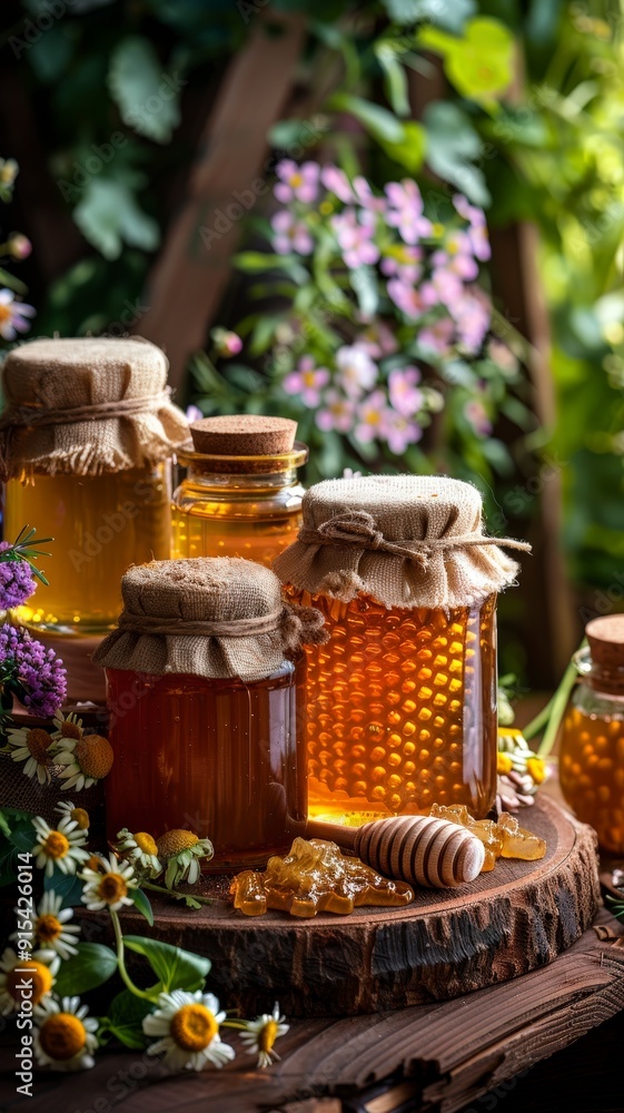 jar of honey with flowers in a wooden window jar of honey with flowers in a wooden window