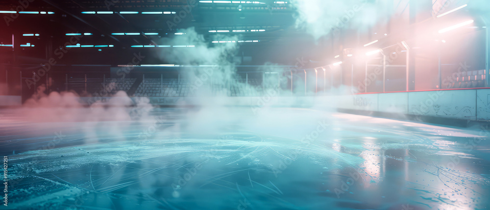 Obraz premium Professional ice rink sport arena.Hockey stadium with spotlights, steam. Ice textured background. Sport banner with copy space. Generative ai. 