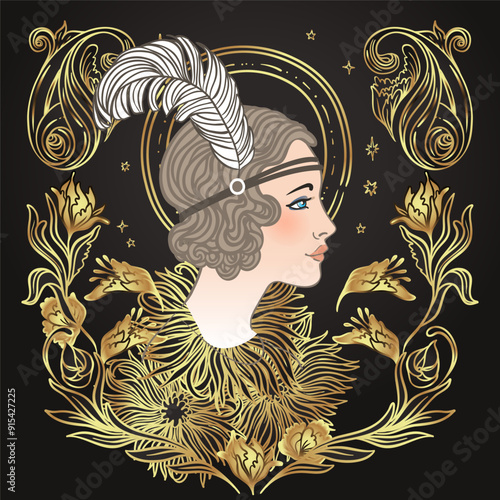 Art Deco vintage invitation template design with illustration of flapper girl. patterns and frames. Retro party background set 1920s style. Vector for glamour event, cabaret show, thematic wedding or