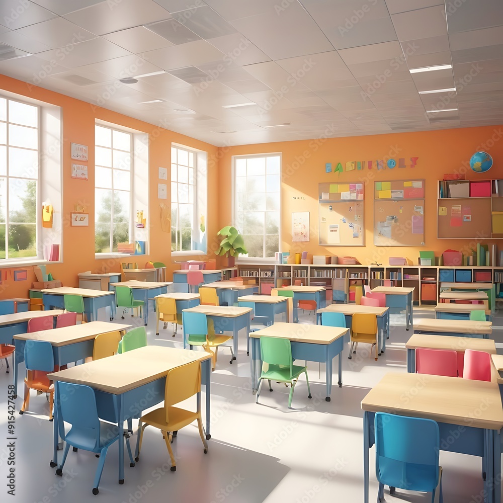 Bright school classroom with all chair facing forward, Vintage school interior, empty school classroom without young student and blurry view of elementary class room no kid or teacher Bright school classroom with all chair facing forward, Vintage school interior, empty school classroom without young student and blurry view of elementary class room no kid or teacher