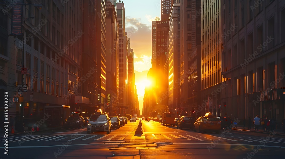 Sunset on a city middle street enclosed by a tall skyline Sunset on a city middle street enclosed by a tall skyline