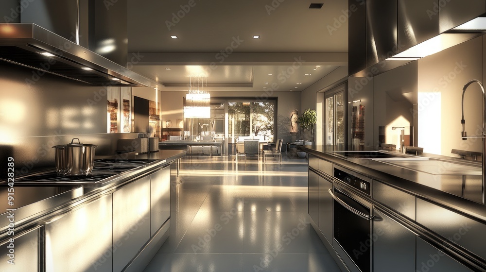Obraz premium Spacious 3D kitchen with contemporary appliances and clean design, modern culinary space