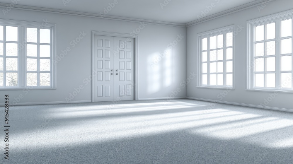 This empty white room features a door and a large window, allowing natural light to illuminate the beige carpet and clean walls This empty white room features a door and a large window, allowing natural light to illuminate the beige carpet and clean walls