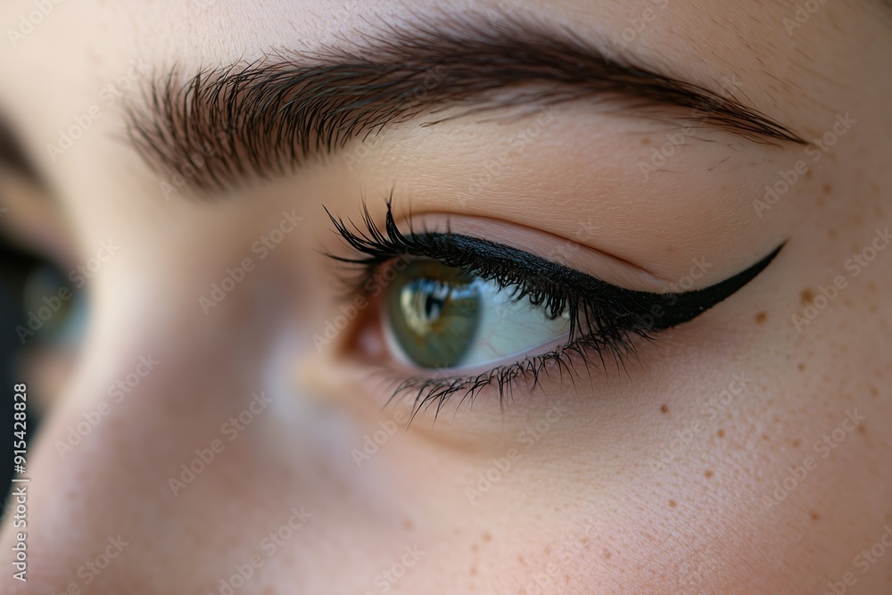 Obraz premium A close-up of a woman's eye accentuated with dramatic eyeliner during daylight hours