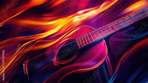 Vibrant 3D music background with guitar strings and flowing colors, dynamic musical energy
