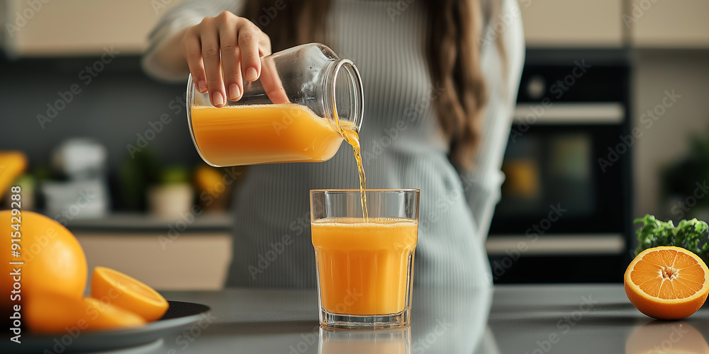 A person pouring fresh orange juice into a glass in a kitchen, highlighting healthy living. A person pouring fresh orange juice into a glass in a kitchen, highlighting healthy living.