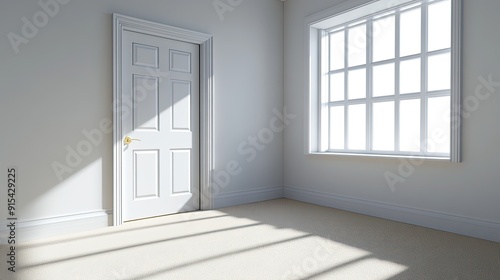 Wallpaper Mural This empty white room features a door and a large window, allowing natural light to illuminate the beige carpet and clean walls Torontodigital.ca