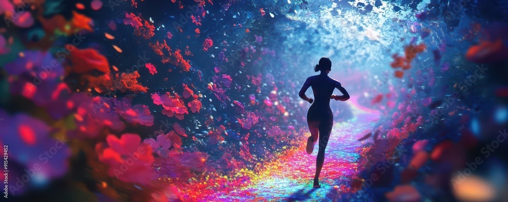 A runner on a path of AIdriven holographic flowers, blending nature and technology, futuristic, vibrant colors, digital illustration A runner on a path of AIdriven holographic flowers, blending nature and technology, futuristic, vibrant colors, digital illustration