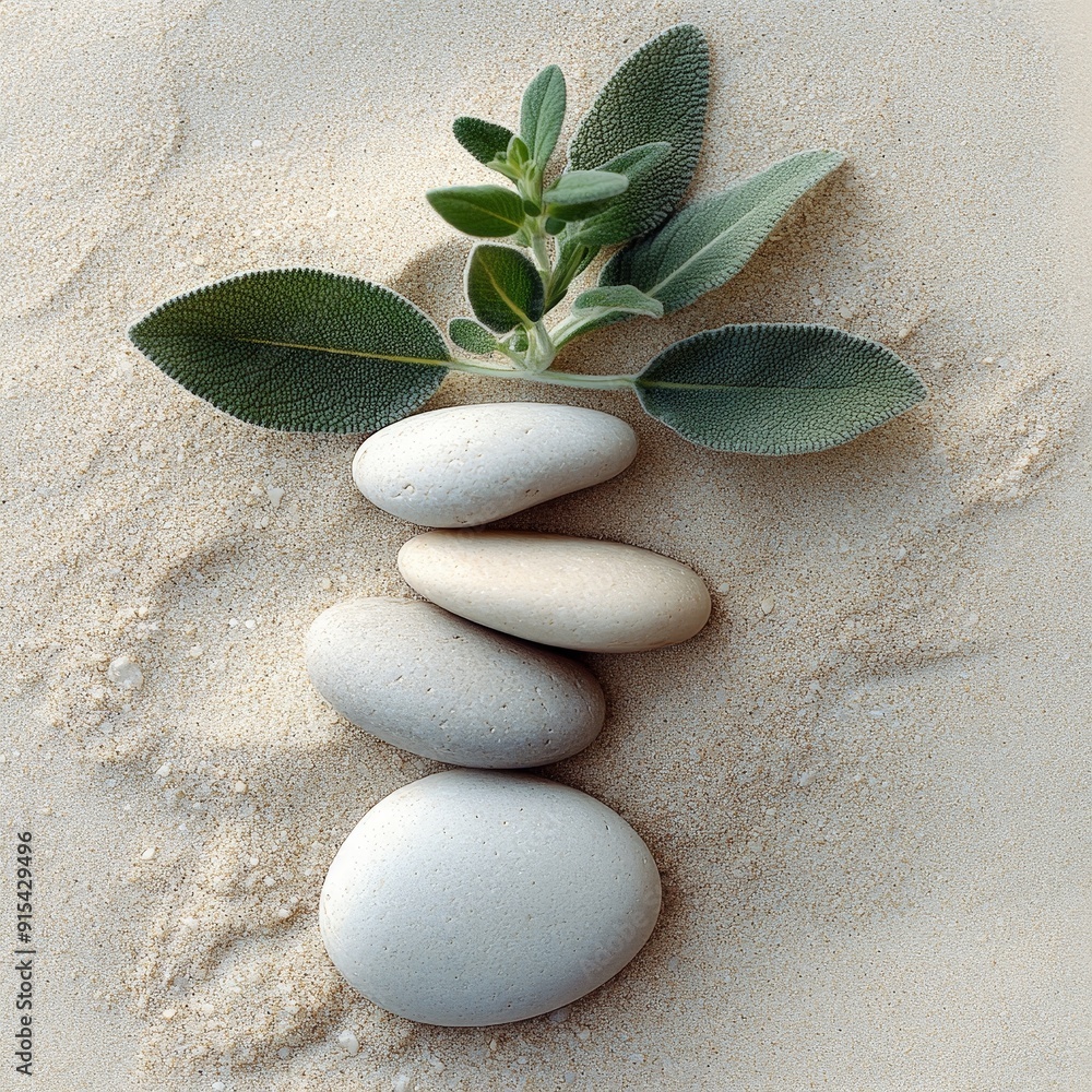 Tranquil Scene with Sage Twig and Smooth Pebbles on Sand Tranquil Scene with Sage Twig and Smooth Pebbles on Sand