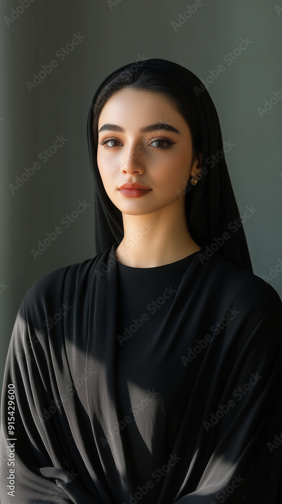 Portrait of a woman in a black abaya, standing confidently in a minimalist setting, representing modern Islamic fashion and professionalism, with ample copy space. Portrait of a woman in a black abaya, standing confidently in a minimalist setting, representing modern Islamic fashion and professionalism, with ample copy space.