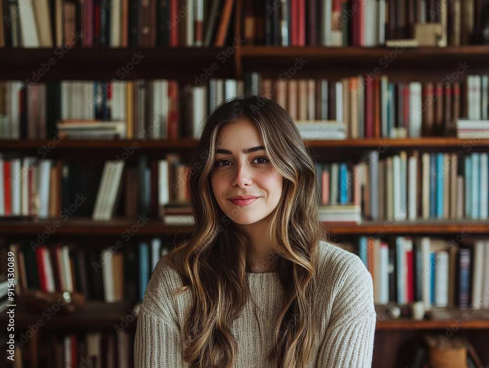 A young woman with wavy hair in a cozy library, surrounded by books, giving a sense of warmth, intellectual curiosity, and a love for reading in a tranquil atmosphere. A young woman with wavy hair in a cozy library, surrounded by books, giving a sense of warmth, intellectual curiosity, and a love for reading in a tranquil atmosphere.
