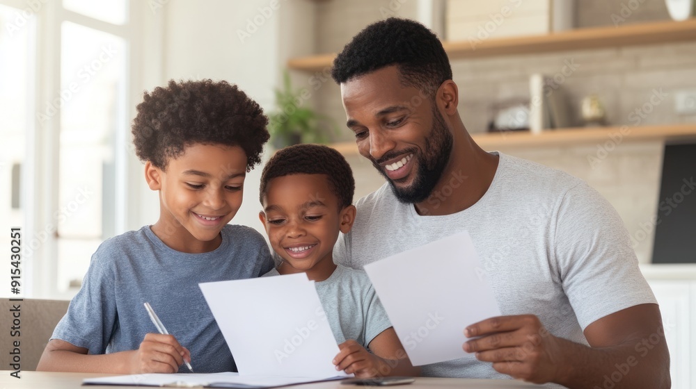 A family sitting at a kitchen table, reviewing bills and budgets finance and Investment. A family sitting at a kitchen table, reviewing bills and budgets finance and Investment.