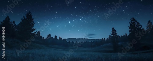 Night Sky with Stars Over Forest and Grass Field - Realistic Photo