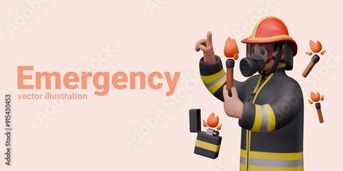 Fireman in helmet and suit holds lighted match and lighter