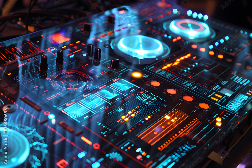 Futuristisches holografisches DJ Pult mit leuchtenden Effekten und modernem Interface Futuristisches holografisches DJ Pult mit leuchtenden Effekten und modernem Interface