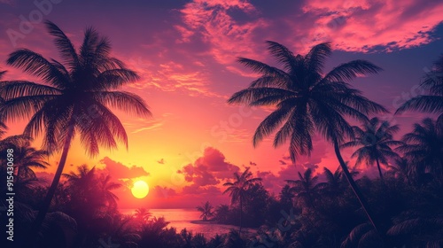 Wallpaper Mural Serene Tropical Paradise: Coconut Tree Silhouettes Embracing Vibrant Sunset Glow Torontodigital.ca