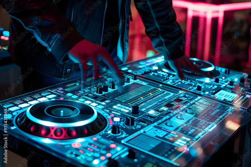 Naklejka premium Futuristisches holografisches DJ Pult mit leuchtenden Effekten und modernem Interface