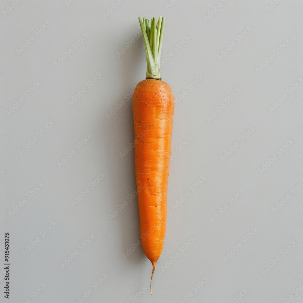 A whole carrot with green tops hanging on a grey wall. A whole carrot with green tops hanging on a grey wall.