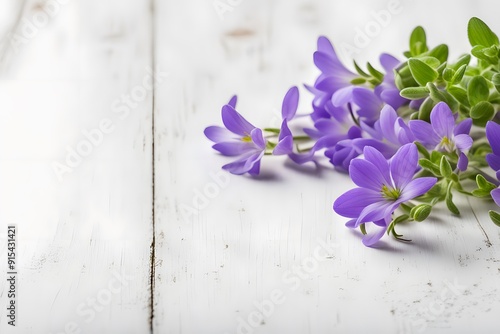 Creeping mazus flowers on white wooden table, AI Generated photo