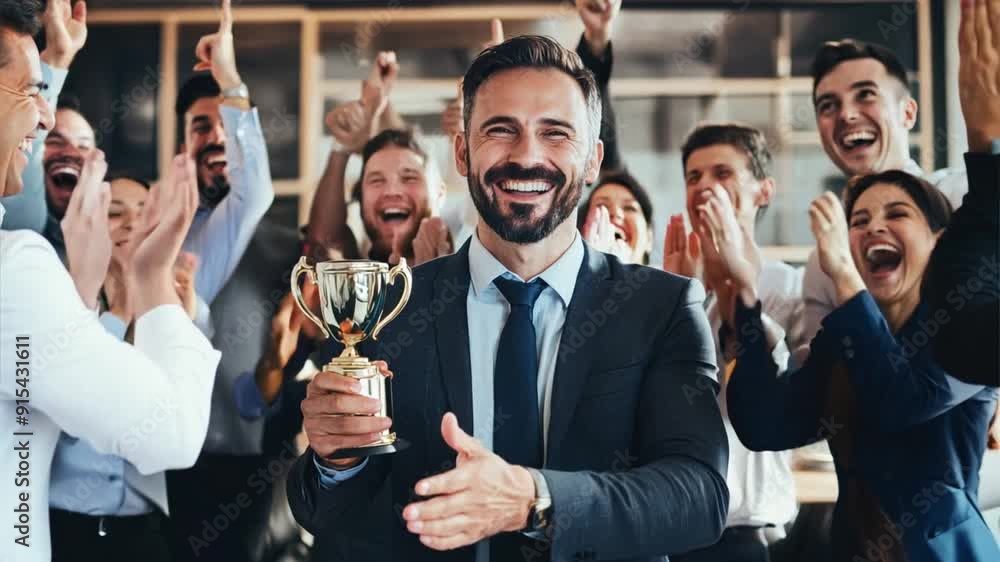 Happy winner businessman receives a business award and holding trophy with team of cheerful workers. Celebrating and congratulating their leader on great work success.