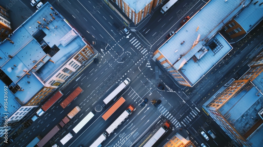 An aerial view of an urban city street intersection with cars and buildings. An aerial view of an urban city street intersection with cars and buildings.