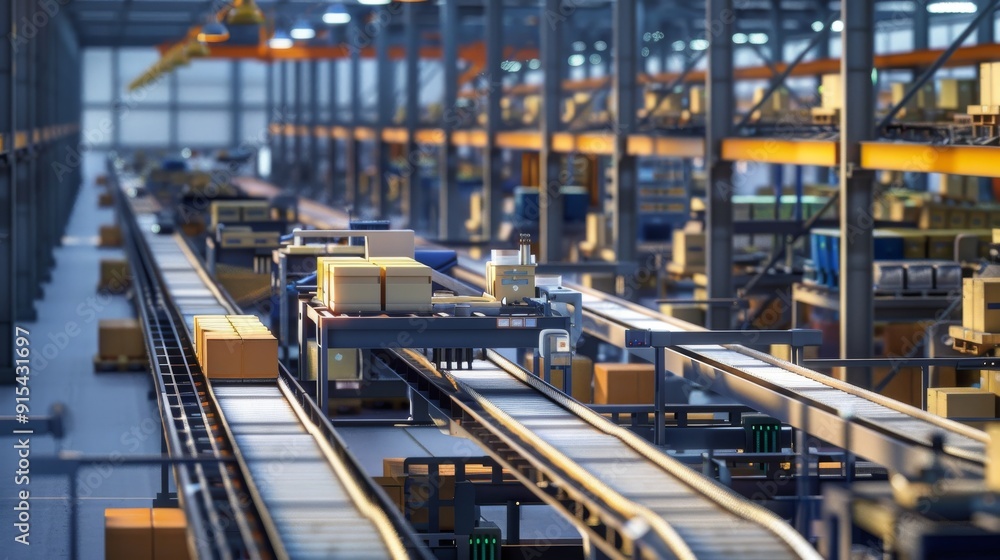 Automated conveyor belt system in a modern distribution warehouse. Automated conveyor belt system in a modern distribution warehouse.