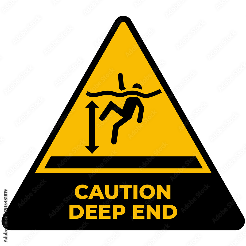 Caution deep end warning sign and labels. Yellow and black silhouette ...