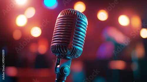 Conceptual image of a vintage microphone in a convention hall with blurry light background.