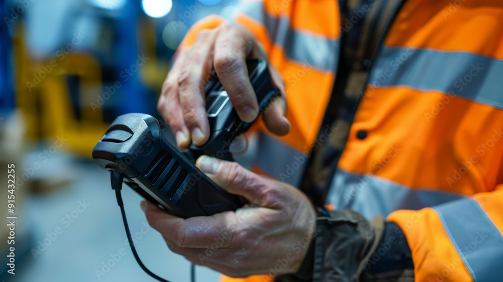 Construction worker using a radio Construction worker using a radio