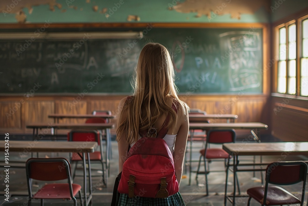 A teenage girl with a backpack stands in an empty school classroom. A teenage girl with a backpack stands in an empty school classroom.