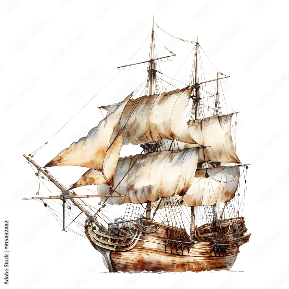 Fototapeta premium Galleon, full body, single object, watercolor illustration