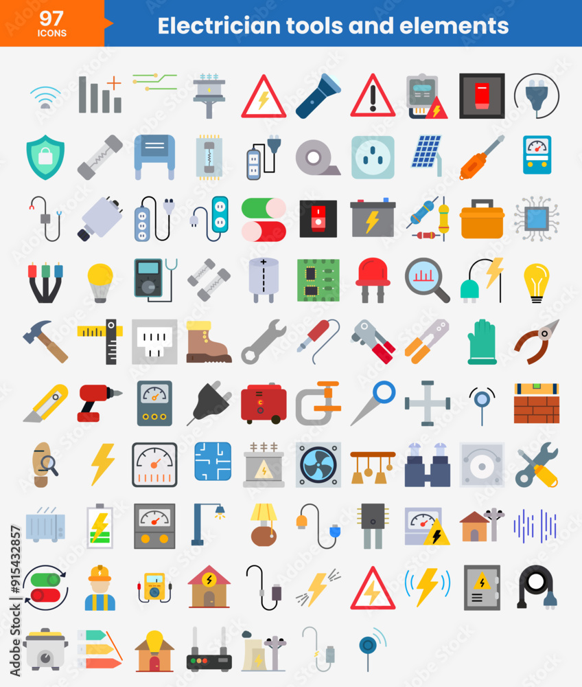 Electrician tools and elements icons Electrician tools and elements icons
