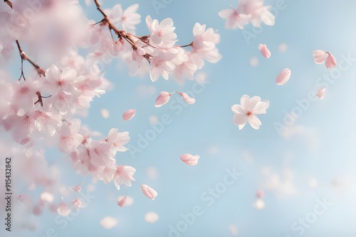 Soft pink cherry blossom petals gently drifting down, creating a serene and beautiful visual effect