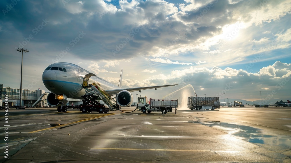 A wide-body passenger plane is parked on the tarmac at an airport with the sunlight reflecting off the wet ground. A wide-body passenger plane is parked on the tarmac at an airport with the sunlight reflecting off the wet ground.