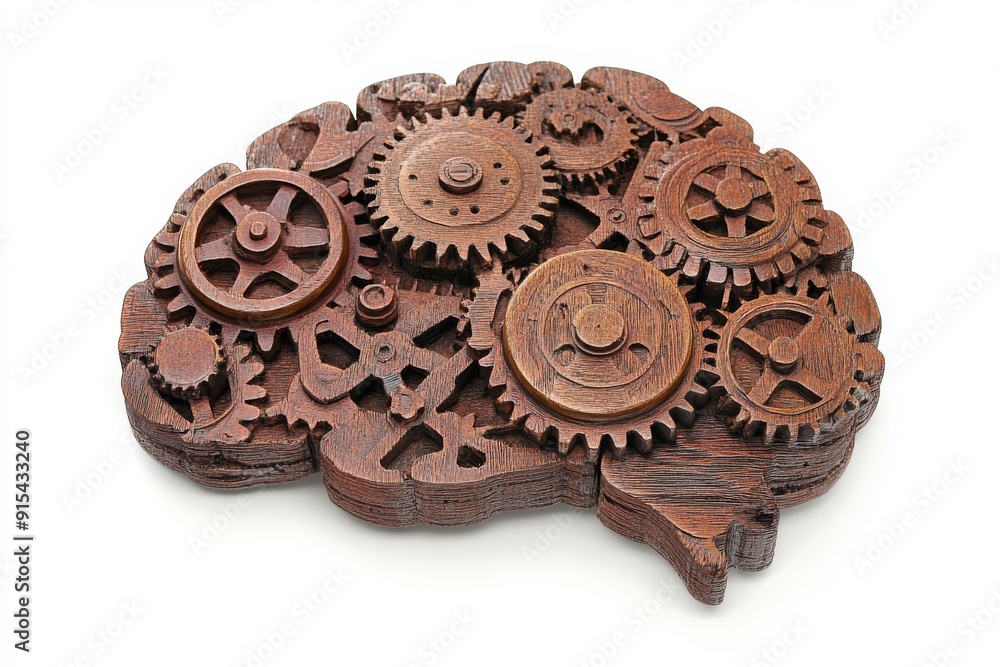 Isolated on a transparent background is the human brain with mechanical gears