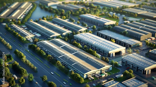 Aerial view of modern industrial park with warehouses and logistics center