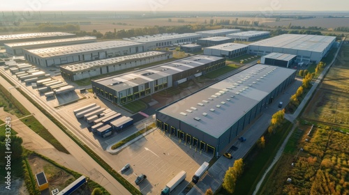 Aerial view of the industrial park with warehouses and trucks