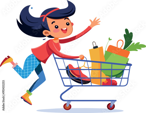 Young woman running and pushing shopping cart full of groceries