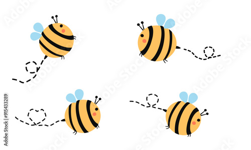Set of bee cartoon with dot line isolated on white background vector.